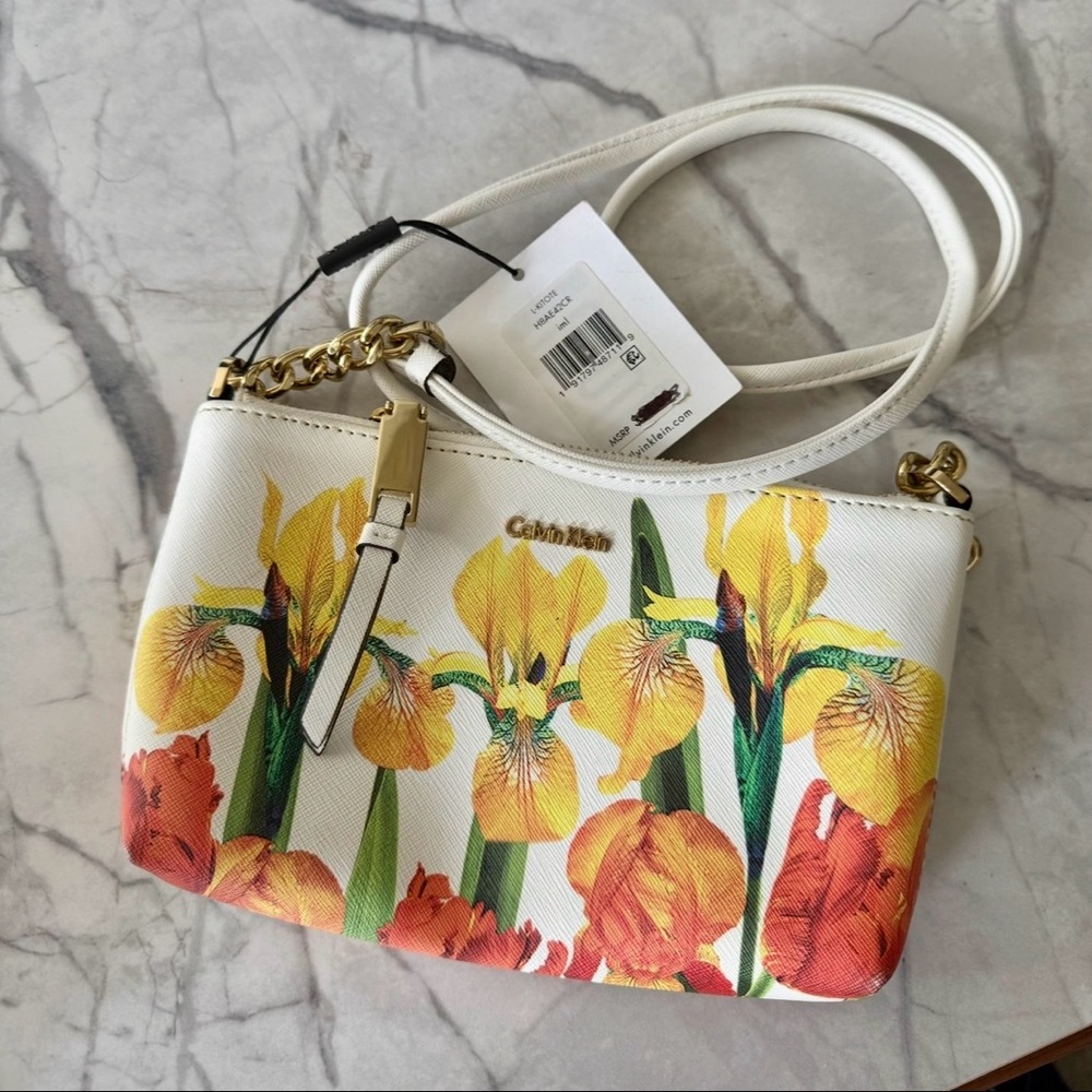 Calvin Klein White Floral Crossbody with Yellow & Orange Blooms